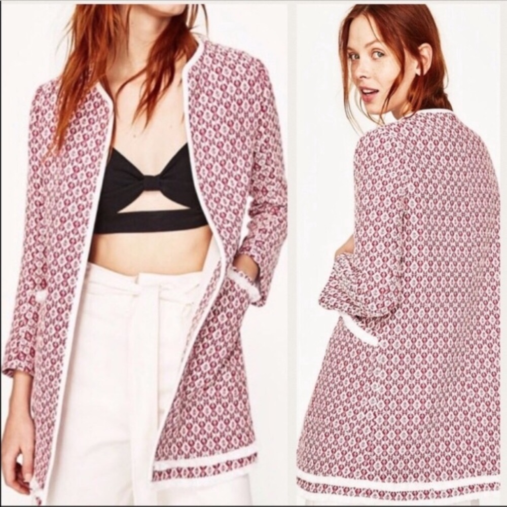 ZARA Frayed Red & White Printed Jacket w/ Pockets